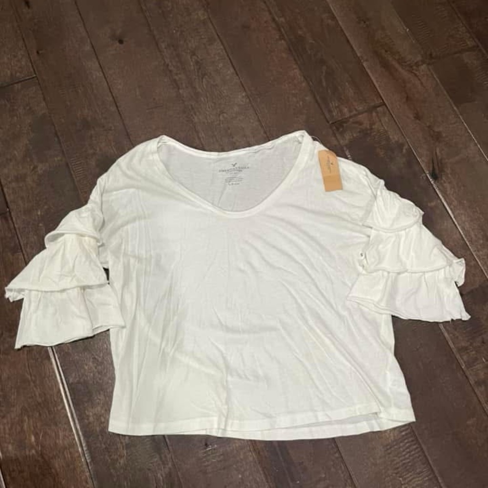 American Eagle White Ruffle Sleeve Top